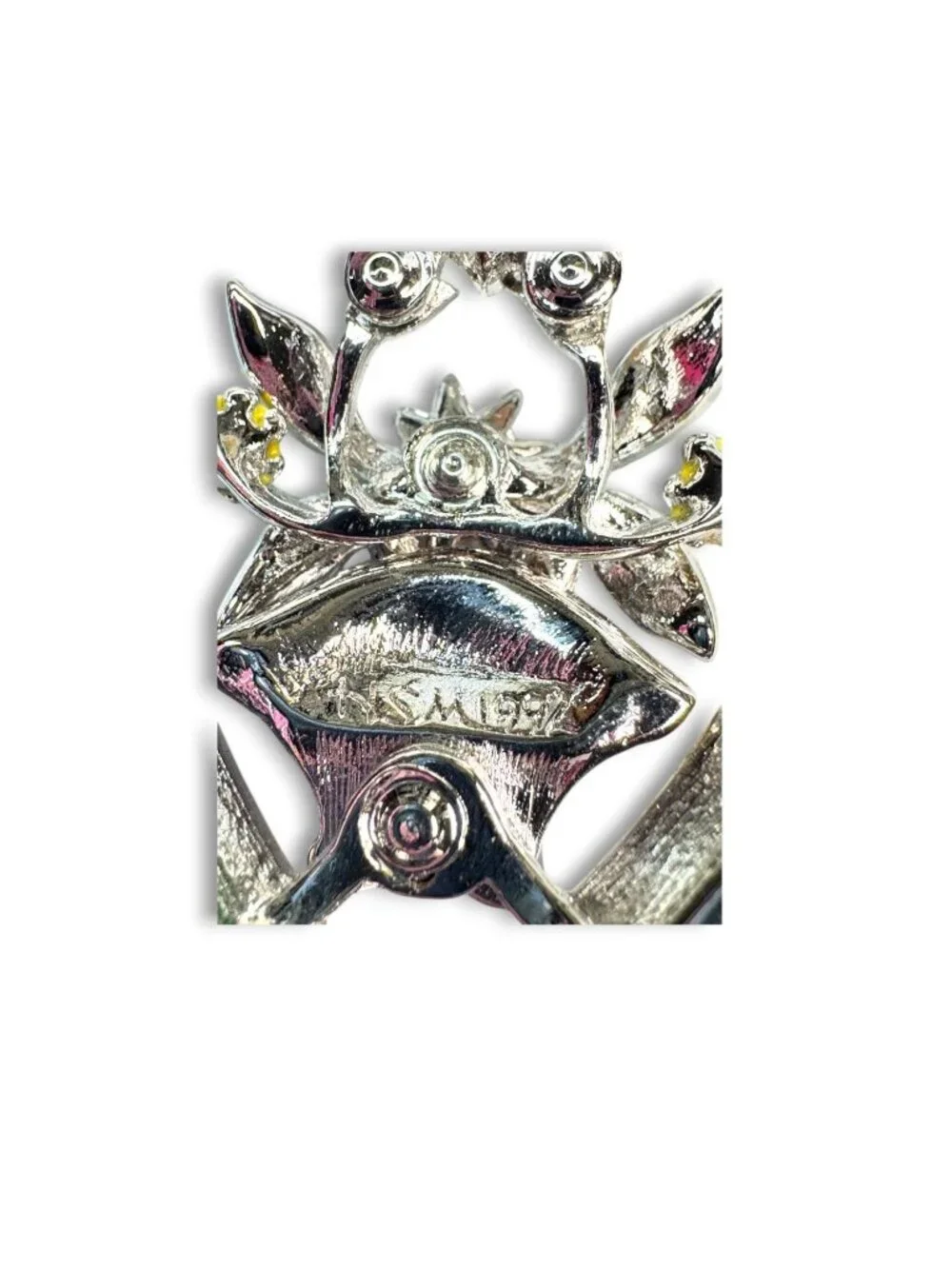 HSM Enamel Rhinestone Heart Bow Brooch 1992 Dangle Floral